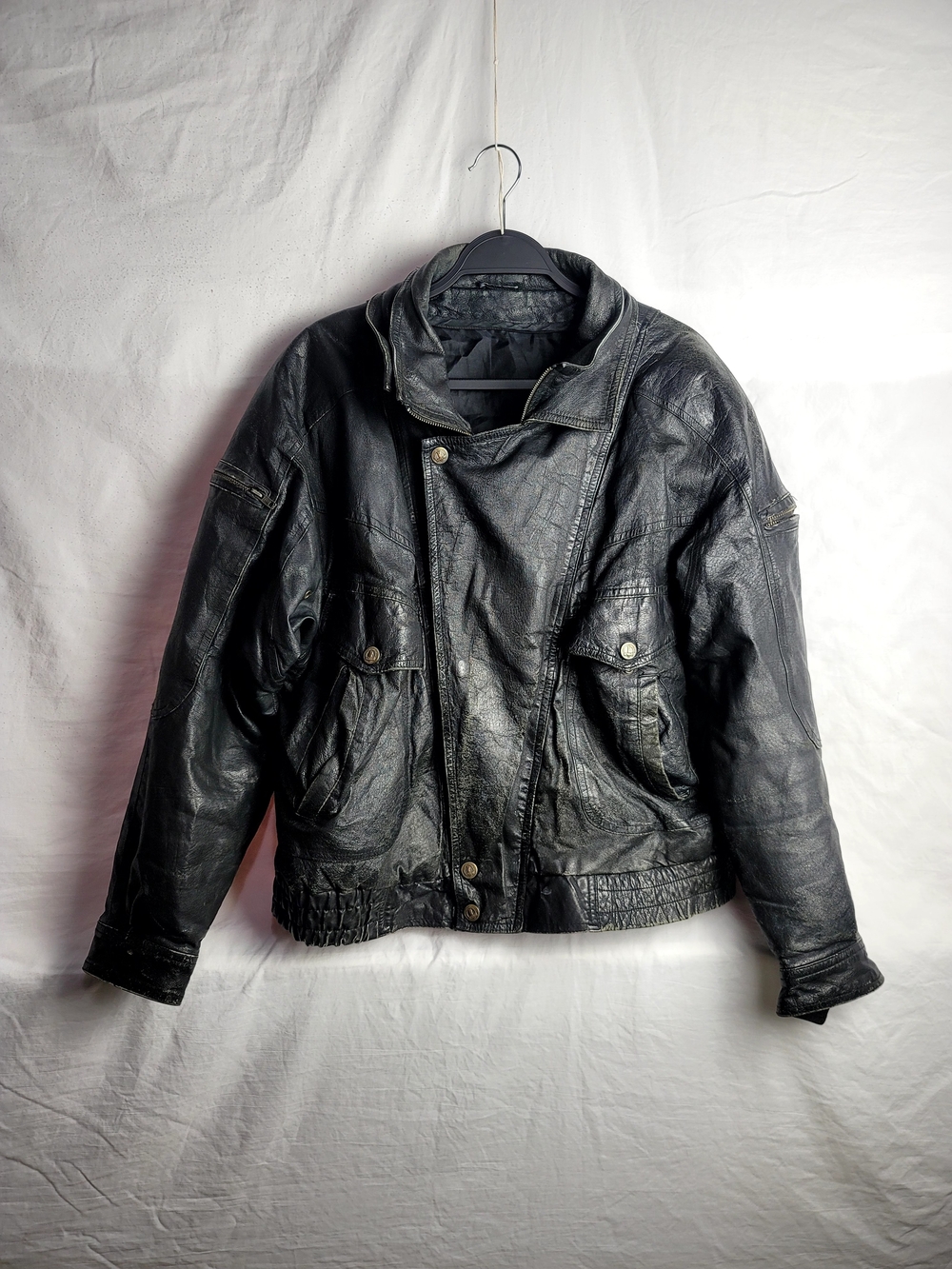 Vintage 80s NewAge Asymmetrical Black Leather Jacket Oversized Moto Bomber Distr